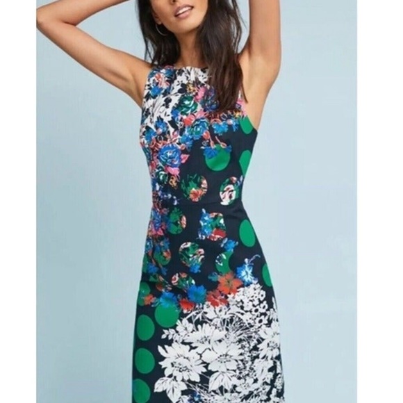 Maeve Dresses & Skirts - Anthropologie Maeve Sz 4 Vanda Navy Floral Green Polka Dot Pencil Dress